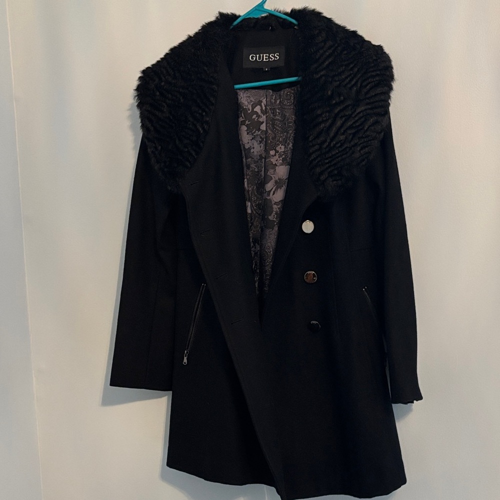 Guess Women's Black Pea Coat with Faux Fur Trim